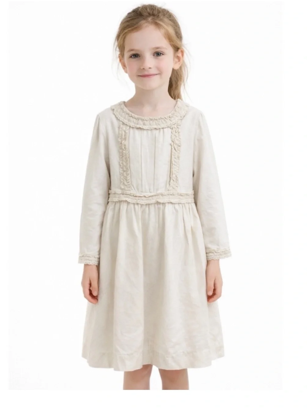 Bonpoint little girls cotton and wool cottagecore Cream Long Sleeve Dress NEW